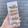 Detailed set of five gold rhinestone and pearl hair clips featuring butterfly and star designs - Colorful Dragonfly (5 Piece Set)