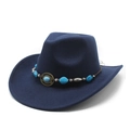 Close-up of navy blue felt cowboy hat with turquoise beads and retro metal ornament - M (56-58cm) / Navy Blue