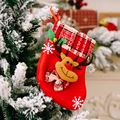 Red Christmas stocking with plush reindeer appliqué and plaid cuff on holiday tree - SDW032 Reindeer Gingham Top Stocking
