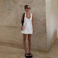 Minimalist white sleeveless mini dress featuring a U-neck and bodycon fit for summer - S / White
