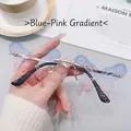 Handheld butterfly rimless sunglasses with blue-pink gradient lenses and heart rhinestones - Blue-Pink Gradient