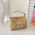 Chic beige corduroy square handbag featuring a cute cartoon bear patch and soft texture - Khaki
