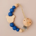 Blue silicone and wooden bead pacifier clip with a bear head design for babies - Blue(112#)