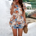 Dames blouse met korte mouwen en bloemenprint in oranje en blauw van lichte chiffon stof - Abrikoos / S