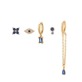 Set di cinque orecchini dorati con zirconi blu profondo e cristalli su sfondo bianco - Set da 5 pezzi (Fiore e malocchio) / Oro