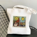 White canvas tote bag featuring vintage sun and moon tarot card screen printing - STD438-H (Retro Tarot THE SUN and THE MOON)