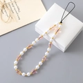 Pink crystal and white pearl beaded phone strap charm with golden accents and black loop - Pearl Crystal Gemstone Phone Chain Pink (K3526)