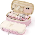 Pink and beige high-capacity pencil case with multi-layer storage compartments - Canvas Pink