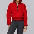 Felpa da donna rosso acceso con mezza zip, spalle scese e polsini a costine - S / Rosso