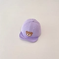 Detailed embroidery of a cute brown bear patch on a light purple soft cotton baby cap - Purple