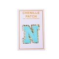 Detail of blue chenille letter N patch with gold sequins and peel and stick adhesive backing - Light Blue Letter N
