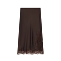 Elegant dark brown silk midi skirt with delicate lace hem trim and a smooth satin finish - XS / Coffee