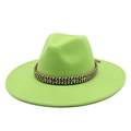 Detail view of neon green wool fedora hat with a flat brim and bohemian braided band - M (56-58cm) / Fruit Green