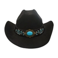 Black western cowboy hat with turquoise floral embroidery and bohemian gemstone band - Black (Floral Embroidery Band)