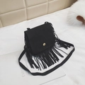 Kids black faux suede crossbody bag featuring long fringe tassels and a metal snap button - Black