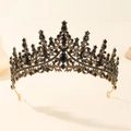 Baroque queen crown with black crystals and golden metal frame for bridal vintage style - Black Crystal
