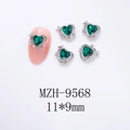 Détails de bijoux d'ongles cœur vert foncé 11x9mm avec étoiles argentées sur ongles - Base Argentée - Zircon Vert Foncé (9568)