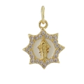 Detail showing Virgin Mary relief pendant with gold finish and sparkling crystal border - 07-Octagram Gold Virgin Mary