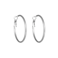 Detail shot of large polished silver steel hoop earrings with secure clasp mechanism - 30MM / Steel