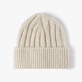 Beige ribbed knit beanie with turn-up cuff design for autumn and winter warmth - One Size / Off White