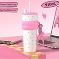Pink polka dot 710ml insulated tumbler with ceramic lining and pink bow charm - UV Pink With Bow
