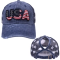 Distressed USA flag baseball cap with high ponytail hole and mesh back for women - Ponytail Hole Design / Navy Blue - USA Letters
