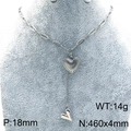 Silver double layer heart necklace with paperclip chain and 18mm striped heart pendant - Style 8 (KN288681-Z)