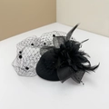 Elegant black fascinator with vintage mesh veil, feathers and floral accents - Black (Hair Clip Fixed)