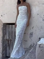 Elegant white lace tube top maxi dress with a slim fit, captured in a rustic outdoor setting - S / White