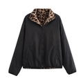 Giacca bomber reversibile nera con fodera leopardata e cerniera per donna in autunno - S / Nero