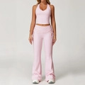 Pale pink yoga set with deep V-neck tank top and flared high-waist drawstring leggings - S / Top And Bottom / Peach Pink