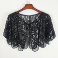 Eleganter schwarzer Pailletten-Capelet mit Perlenstickerei und Wellensaum am Bügel - Schwarz