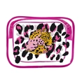 Transparent PVC makeup bag featuring a leopard head print and neon pink trim - 026-Leopard Head Rose