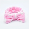 Pink plush coral fleece headband with white polka dots and a large bow design - Pink White Polka Dot