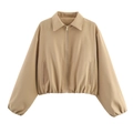 Detail of khaki cropped puffer jacket with metal zipper and elastic cuffs - S / Khaki