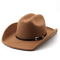 Detailed macro view of a brown felt cowboy hat with a black leather band and silver buckle - M(56-58CM) Adjustable / Khaki