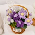 Handmade crochet flower basket with purple and white knitted blooms and lace bow detail - 9 Purple Puff Flowers Basket