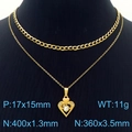 Double-layered golden heart necklace with crystal pendant shown on black neck mannequin - Heart Main Stone Style (KN250358-SY)