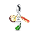 Macro detail of fast food charms featuring donut, hot dog, and coffee cup in enamel - Donut Hotdog Coffee Triple Pendant