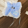 Blue and white checkered hair scrunchie with lace trim and bow detail - Blue White Plaid Lace Bow (22#)