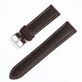 Flat lay of dark brown crazy horse leather watch strap with white stitching and silver buckle - 14mm / Dark Brown