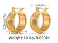 Detail view of chunky gold hollow hoop earrings with textured finish and measurements - Vertical Stripe Grain Hoop Style (KE0998) / 18K Gold