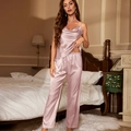 Pale pink purple satin pajama set with spaghetti strap cowl neck top and long pants - S / Pink