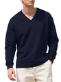 Men's V-neck navy blue jacquard knit sweater with classic cable texture and long sleeves - S / Navy Blue
