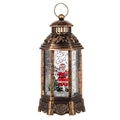 Vintage bronze Christmas lantern with Santa scene and swirling snowflake glitter effect - Gift Box Santa Claus