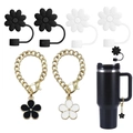 Set of floral silicone straw covers and metal chain charms for tumbler accessories - Black White Small Flower Set