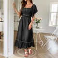Elegant black short sleeve maxi dress with ruffled square neck and elastic high waist design - Black