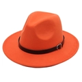 Close-up of orange wool fedora hat with black faux leather belt and silver buckle detail - M (56-58cm) / Orange Yellow (Black Leather Band)