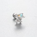 Silver bow heart zircon earring with iridescent planetary gem and sparkling star - Iridiscent Heart Planet (A133-2#) / Single Piece