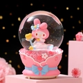 Pink My Melody crystal ball music box with rose reliefs and glowing snow globe feature - 516-Pink/Blue Bow